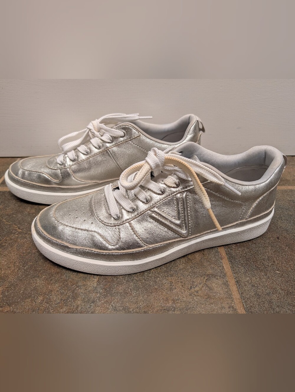 Metallic Silver Vionic "Elise" Walking Sneaker For Pronation + Plantar Fascitis